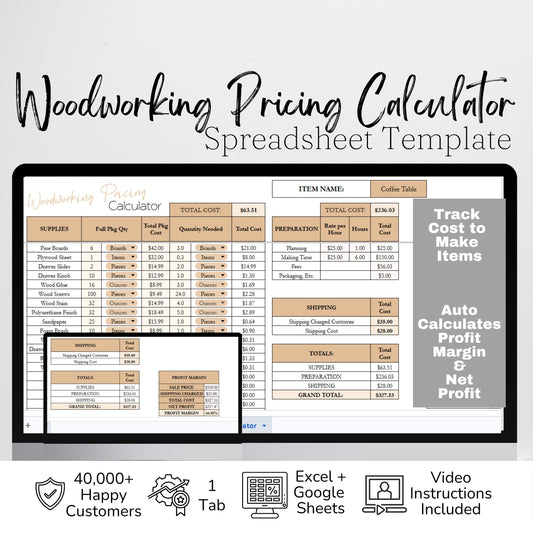 Woodworking Pricing Calculator Spreadsheet | Track Costs, Labor & Profit Margins | Google Sheets & Excel