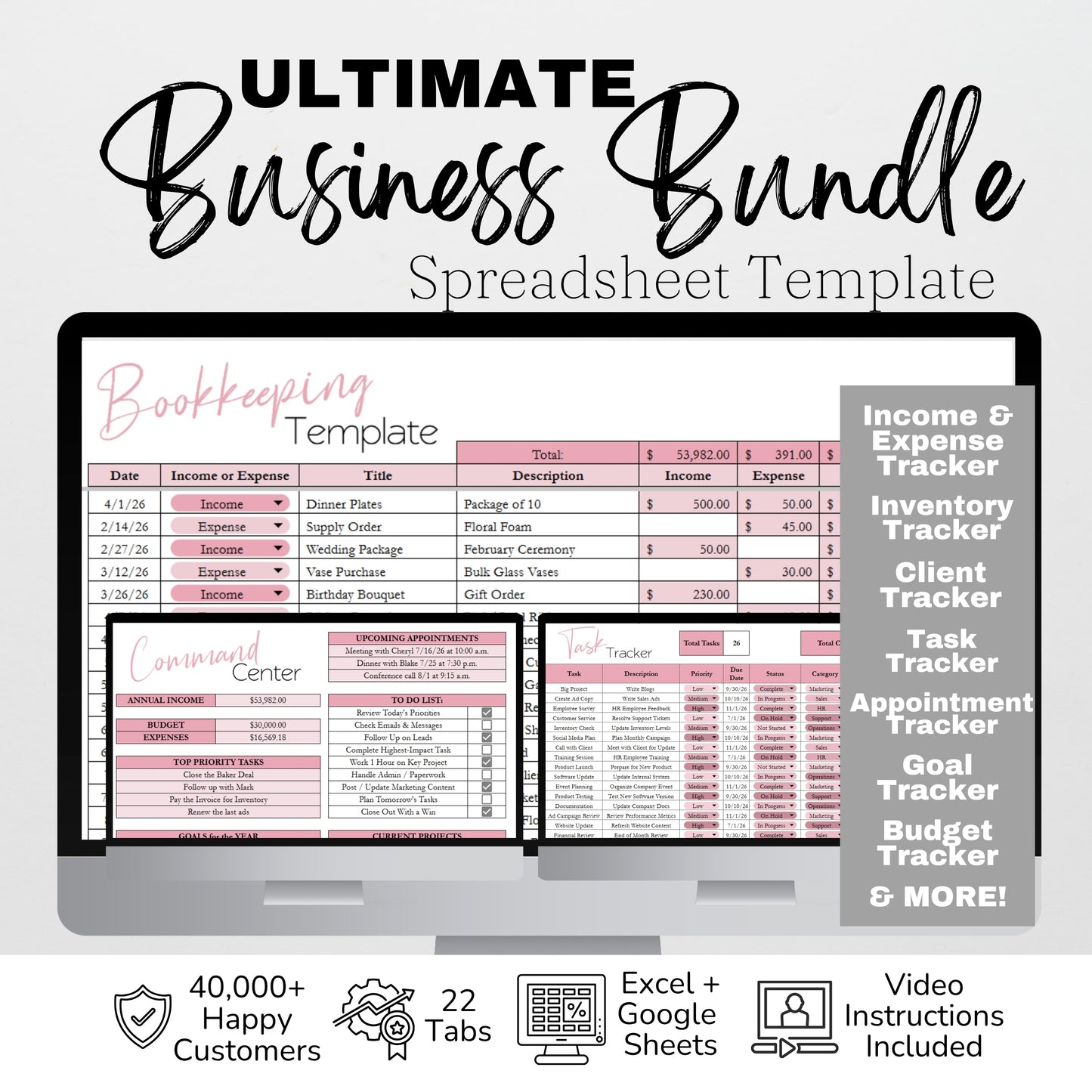 Business Template Bundle  – 22 Google Sheets & Excel Spreadsheet Templates for Bookkeeping, Inventory, CRM, Budget & Small Business Planning