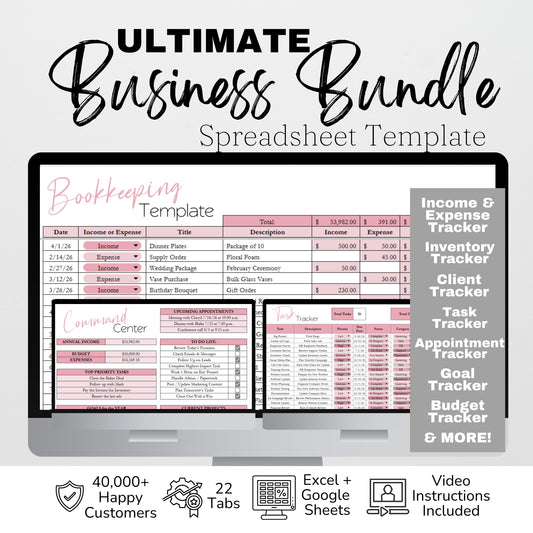 Business Template Bundle  – 22 Google Sheets & Excel Spreadsheet Templates for Bookkeeping, Inventory, CRM, Budget & Small Business Planning