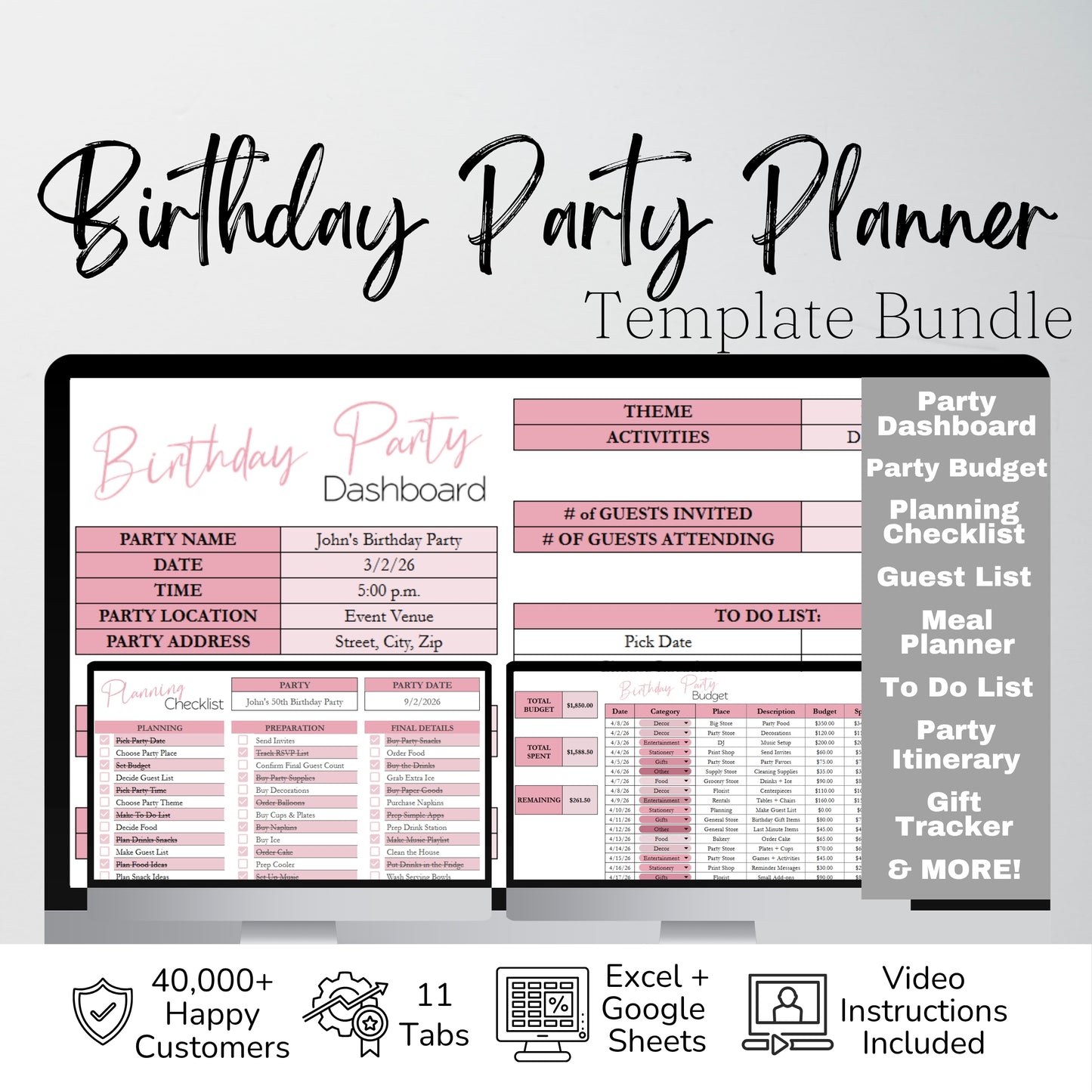 Birthday Party Planner Template Google Sheets and Excel Spreadsheet - Editable Organizer, Itinerary, Budget, Guest List,
