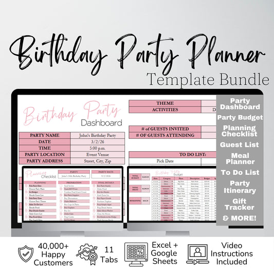 Birthday Party Planner Template Google Sheets and Excel Spreadsheet - Editable Organizer, Itinerary, Budget, Guest List,