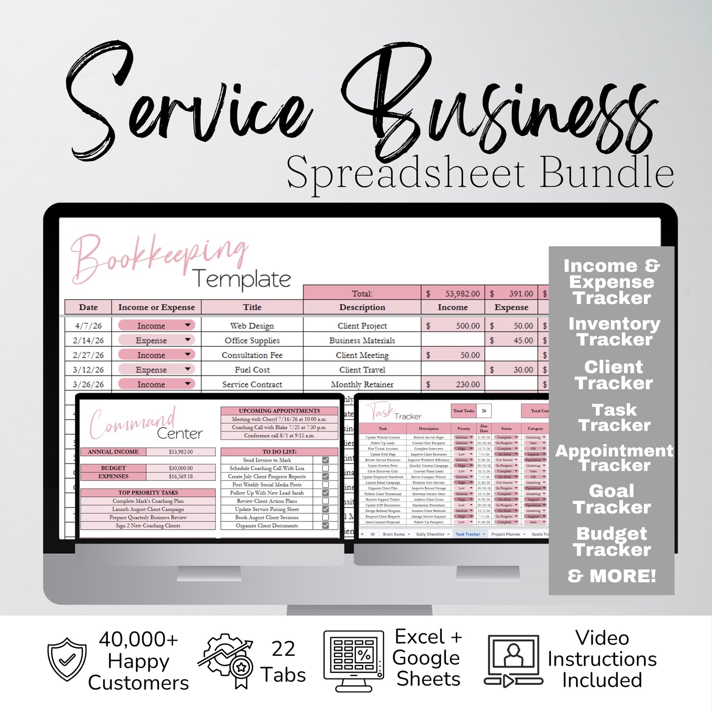 Service Business Management Template Bundle | Client Tracker, CRM, Bookkeeping, Inventory & Appointment Tracker - Google Sheets and Excel Spreadsheet Template