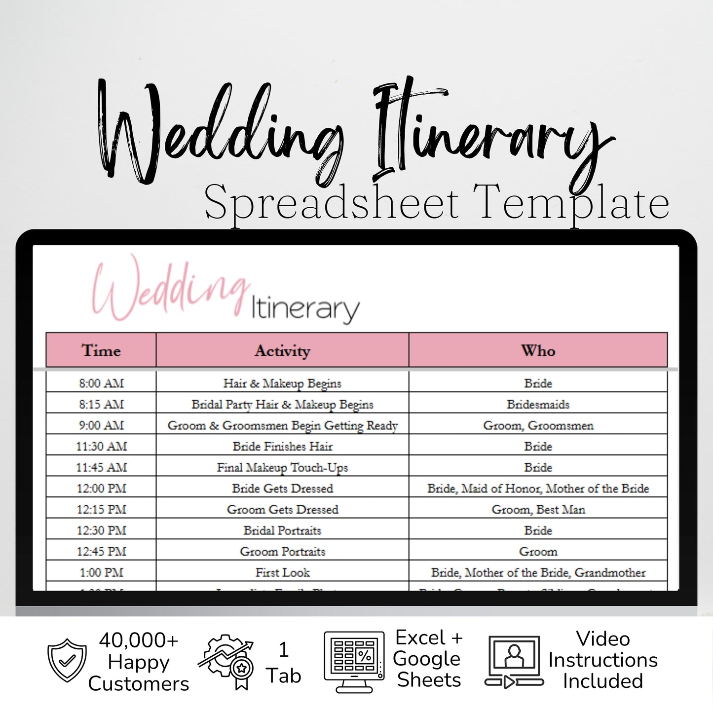Wedding Itinerary Template | Wedding Day Timeline Spreadsheet | Google Sheets & Excel