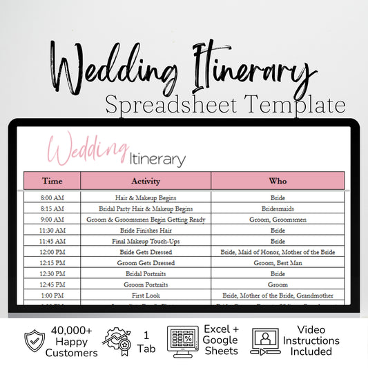 Wedding Itinerary Template | Wedding Day Timeline Spreadsheet | Google Sheets & Excel