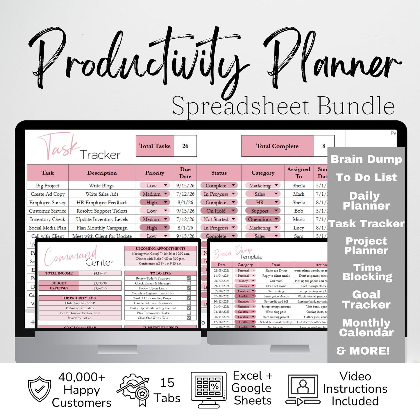 Productivity Planner for Google Sheets & Excel Spreadsheet Template | Digital Planner, Task Tracker, Goal Tracker & Time Blocking Templates