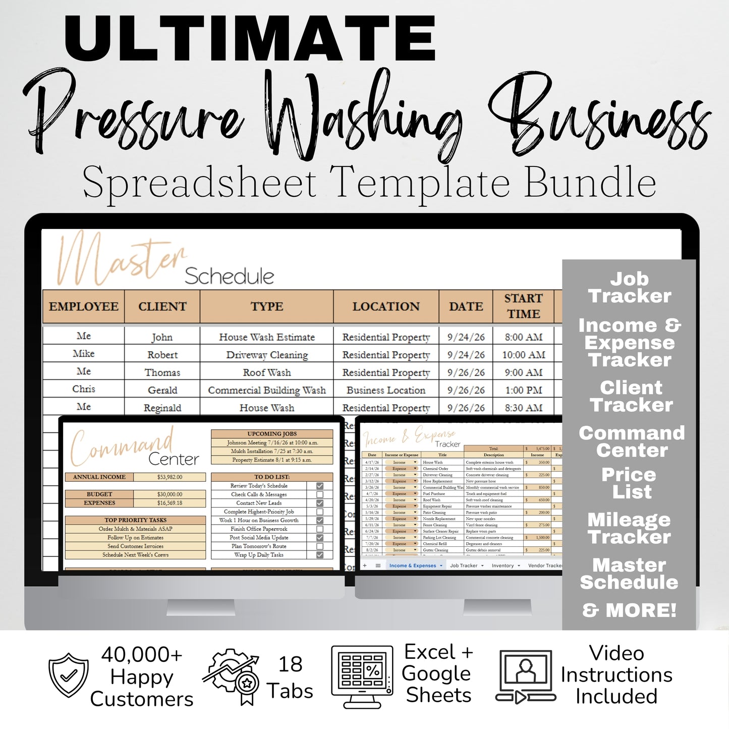 Pressure Washing Business Template Bundle - Google Sheets & Excel - Income and Expenses, Schedule, Job and Client Tracking
