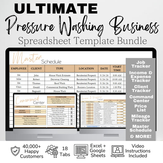 Pressure Washing Business Template Bundle - Google Sheets & Excel - Income and Expenses, Schedule, Job and Client Tracking