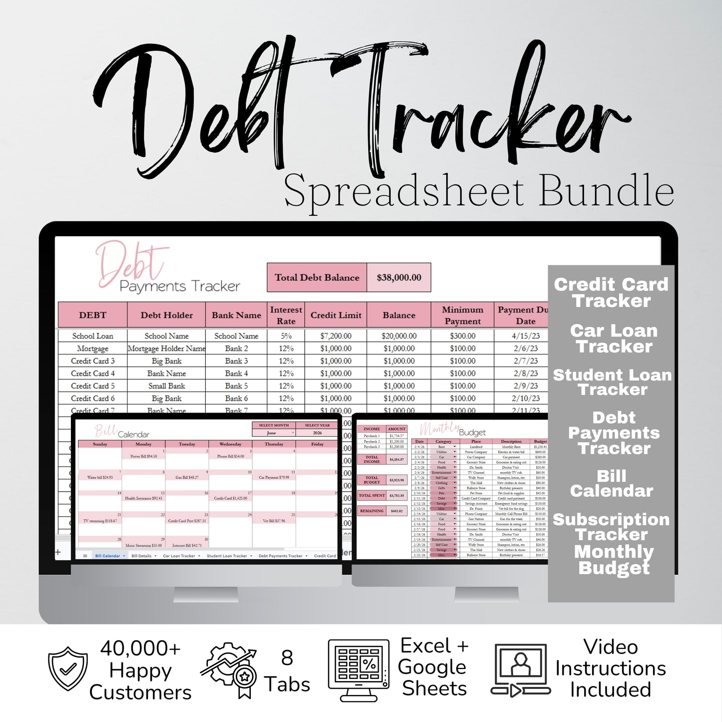 Debt Tracker Bundle Google Sheets and Excel Spreadsheet Template | Bill Tracker, Loan Tracker, Credit Card Tracker, Subscription Tracker & Monthly Budget Template