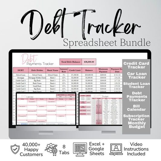 Debt Tracker Bundle Google Sheets and Excel Spreadsheet Template | Bill Tracker, Loan Tracker, Credit Card Tracker, Subscription Tracker & Monthly Budget Template
