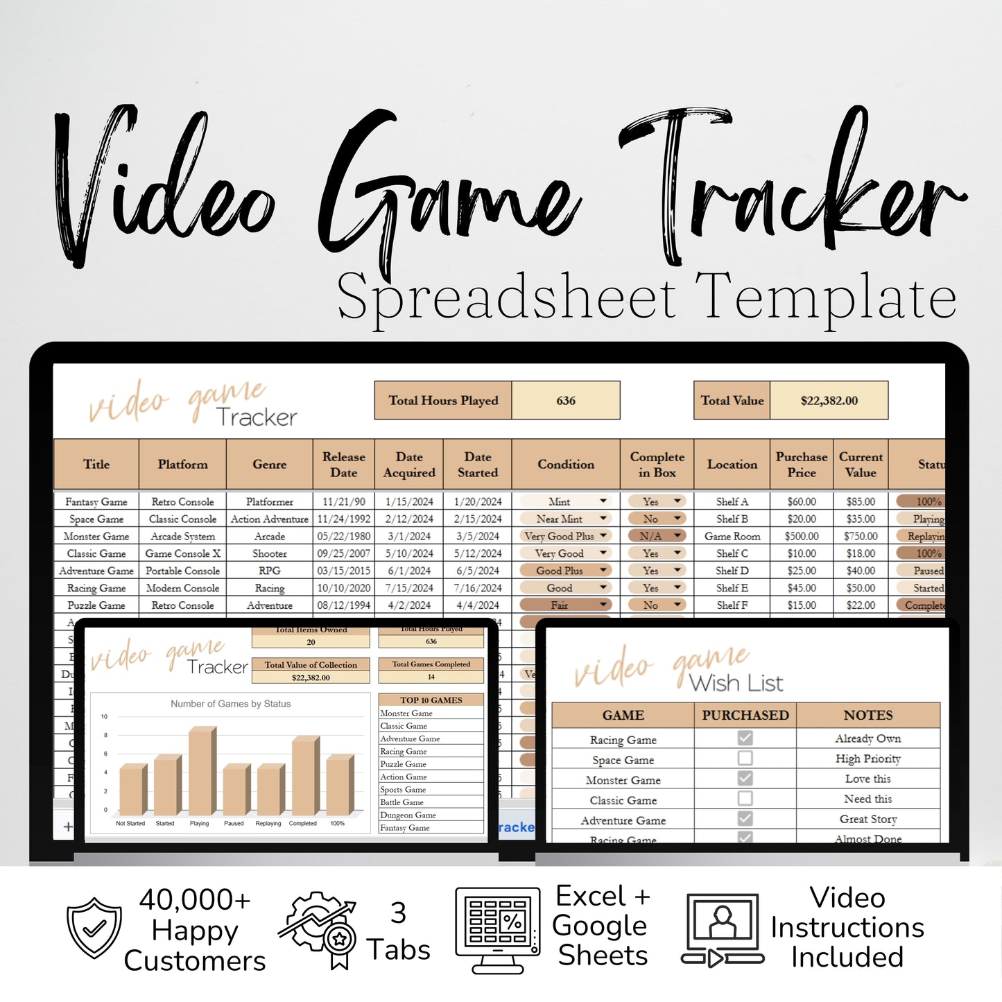 Video Game Tracker Spreadsheet Google Sheets and Excel Template - Progress, Collection, Backlog