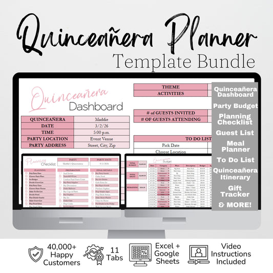 Quinceañera Planner Spreadsheet | Party Planning Template (Google Sheets & Excel) - Budget, Itinerary, Meals, Timeline
