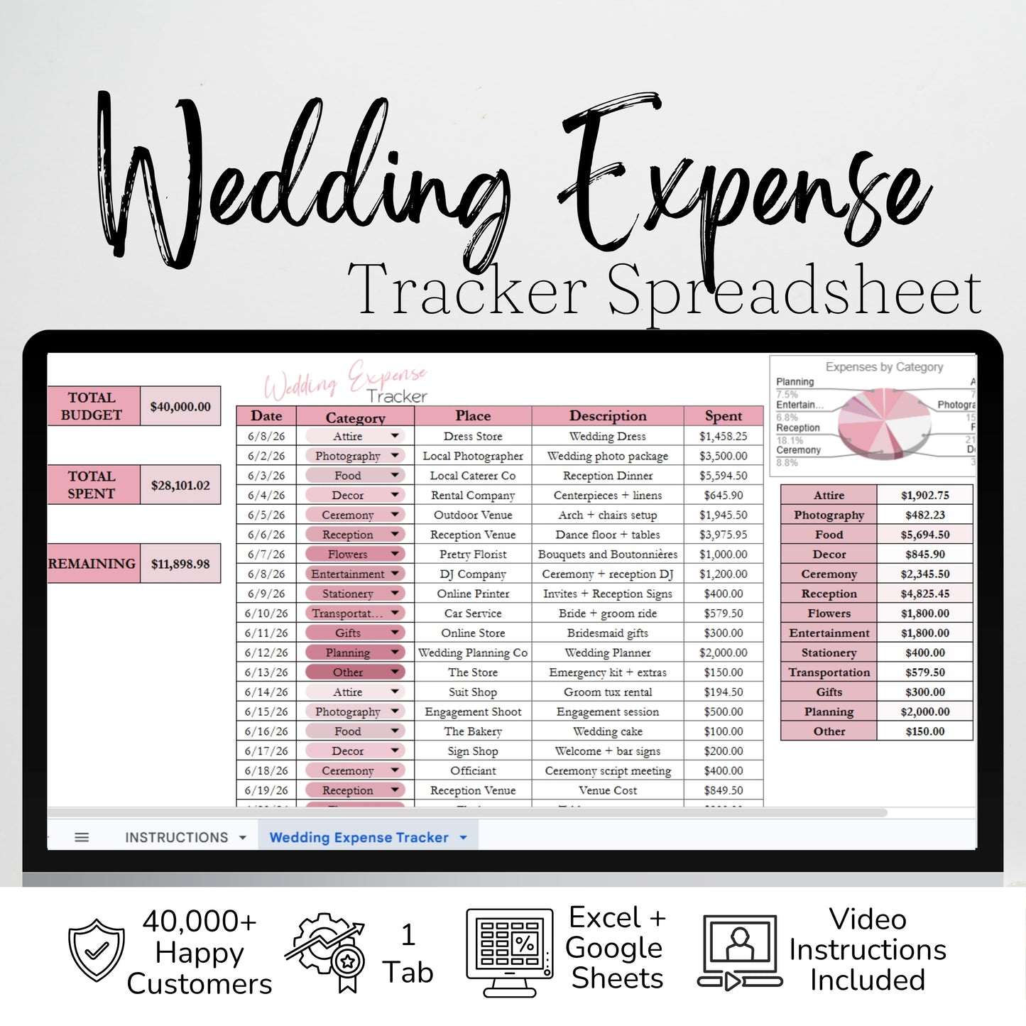 Wedding Expense Tracker Google Sheets and Excel Spreadsheet Template -  Budget Planner for Brides & Wedding Planners