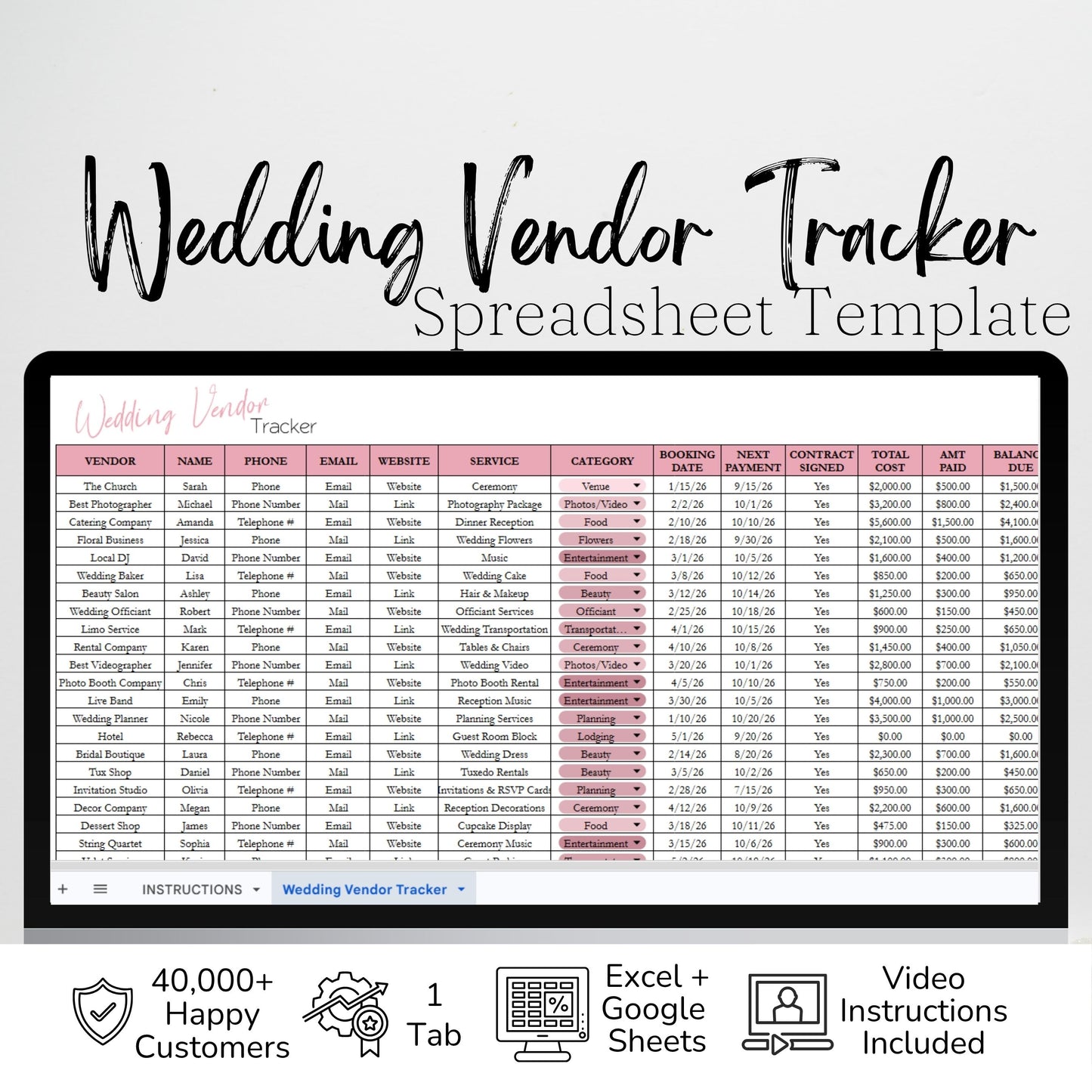 Wedding Vendor Tracker Spreadsheet | Google Sheets & Excel Template for Wedding Planning