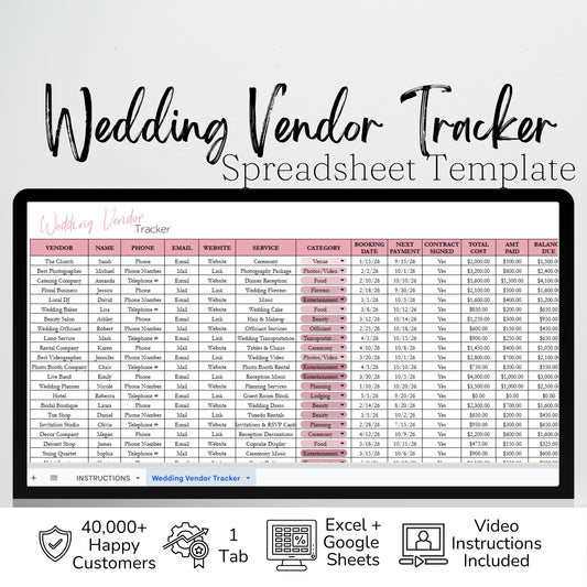 Wedding Vendor Tracker Spreadsheet | Google Sheets & Excel Template for Wedding Planning