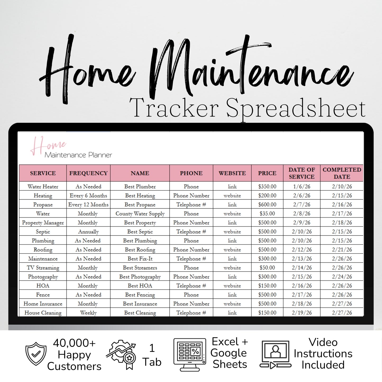 Home Maintenance Tracker Template for Google Sheets and Excel Spreadsheet
