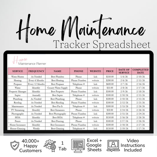 Home Maintenance Tracker Template for Google Sheets and Excel Spreadsheet