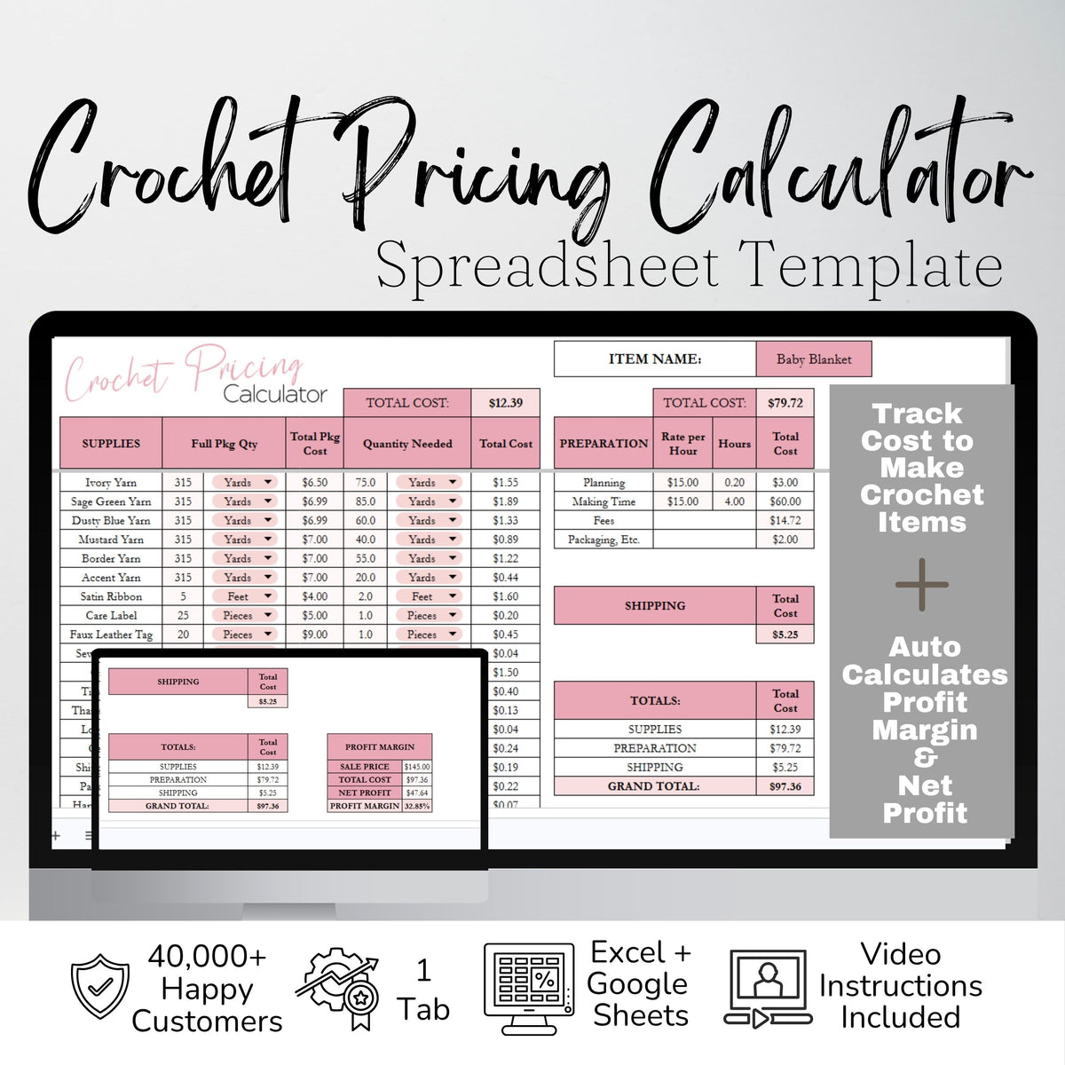 Crochet Pricing Calculator Google Sheets and Excel Spreadsheet Template | Handmade Product Cost & Profit Spreadsheet