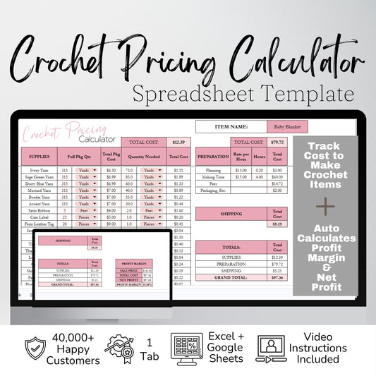 Crochet Pricing Calculator Google Sheets and Excel Spreadsheet Template | Handmade Product Cost & Profit Spreadsheet