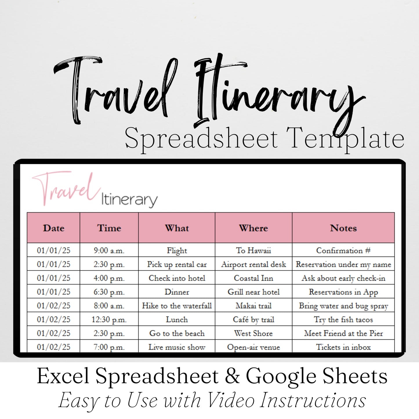 Travel Itinerary Template Google Sheets and Excel Spreadsheet