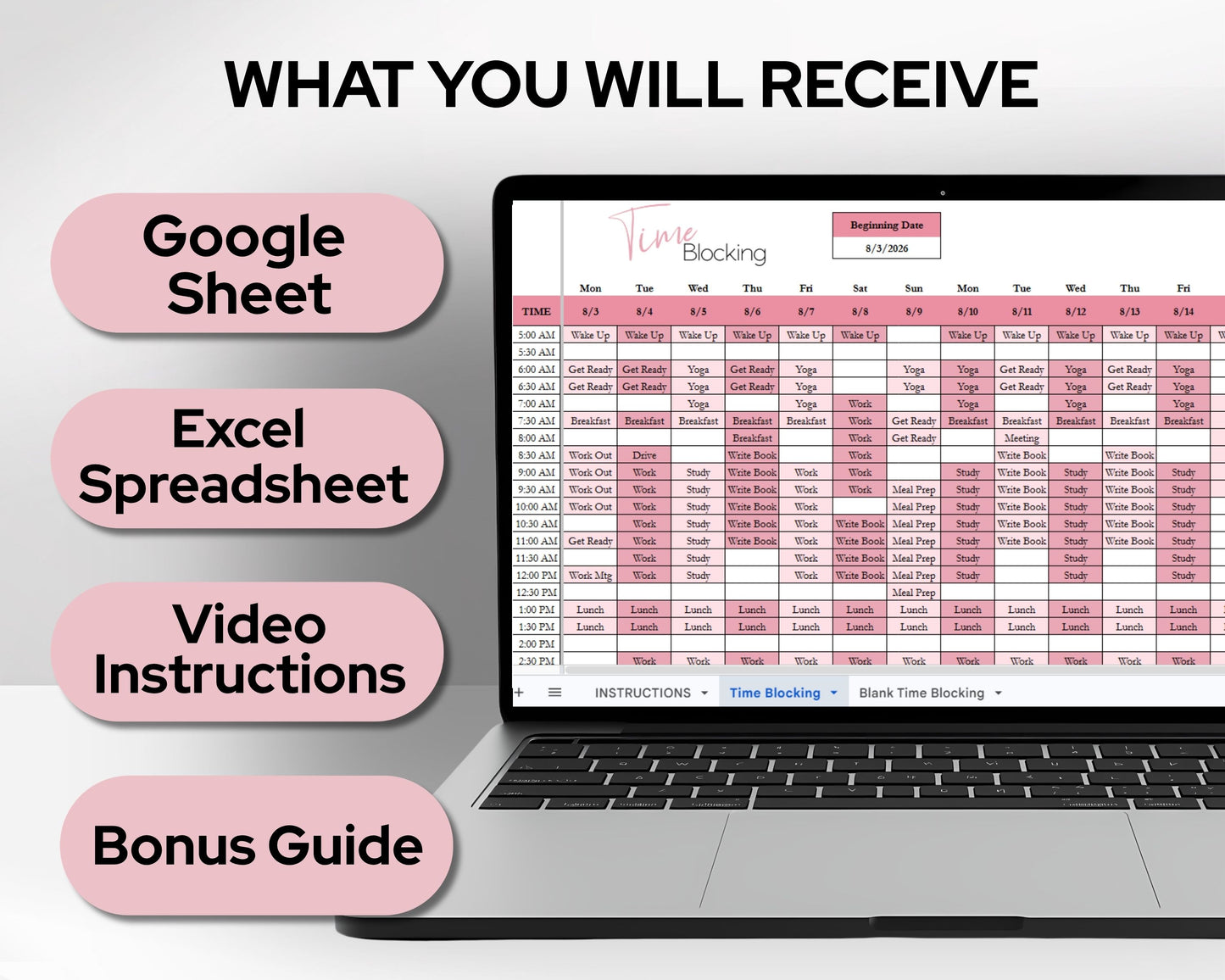 Time Blocking Spreadsheet Template | Google Sheets & Excel Daily Schedule Planner for Time Management