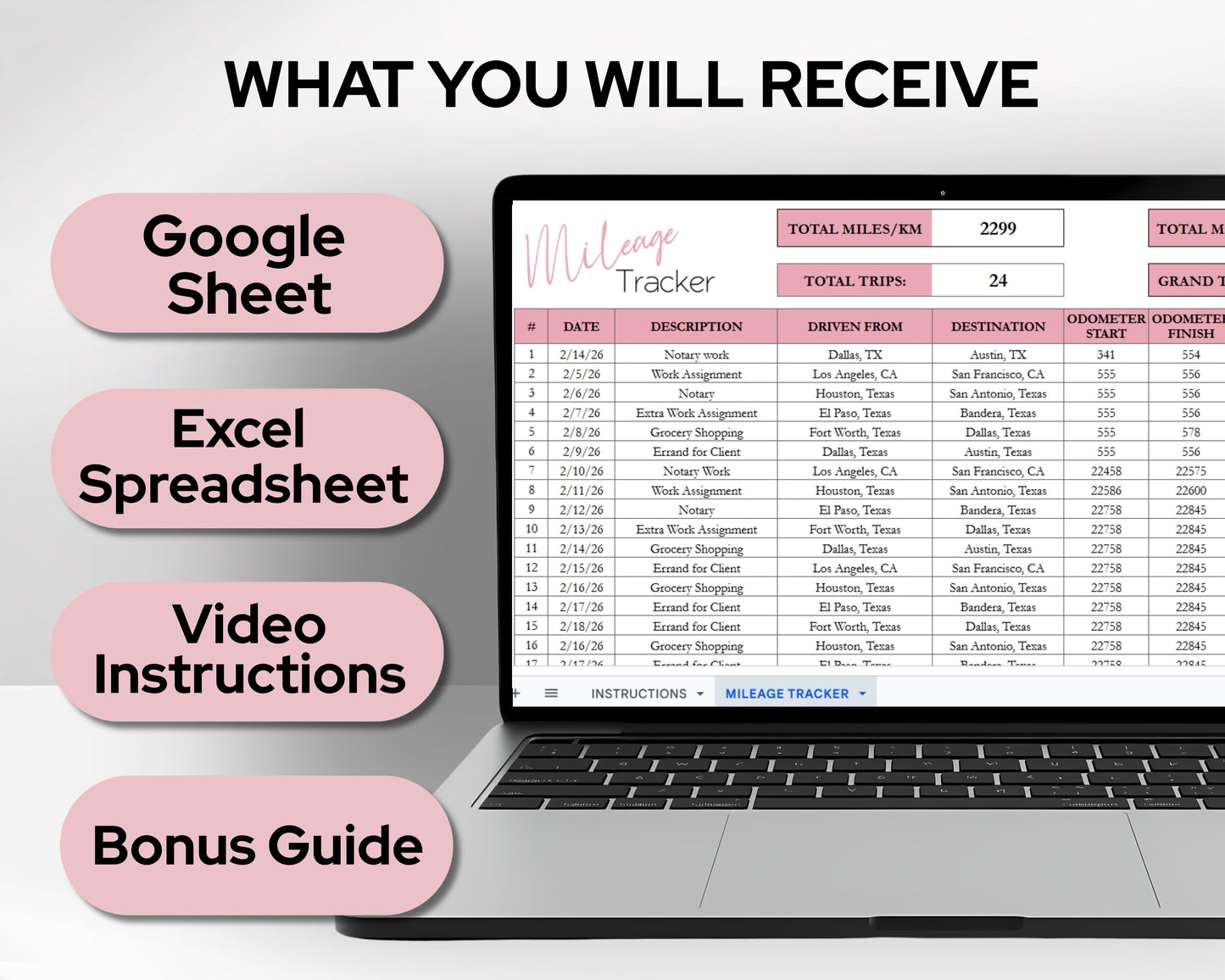 Mileage Tracker Spreadsheet for Google Sheets & Excel | Business Mileage Log & Mileage Calculator | Trip & Reimbursement Tracker
