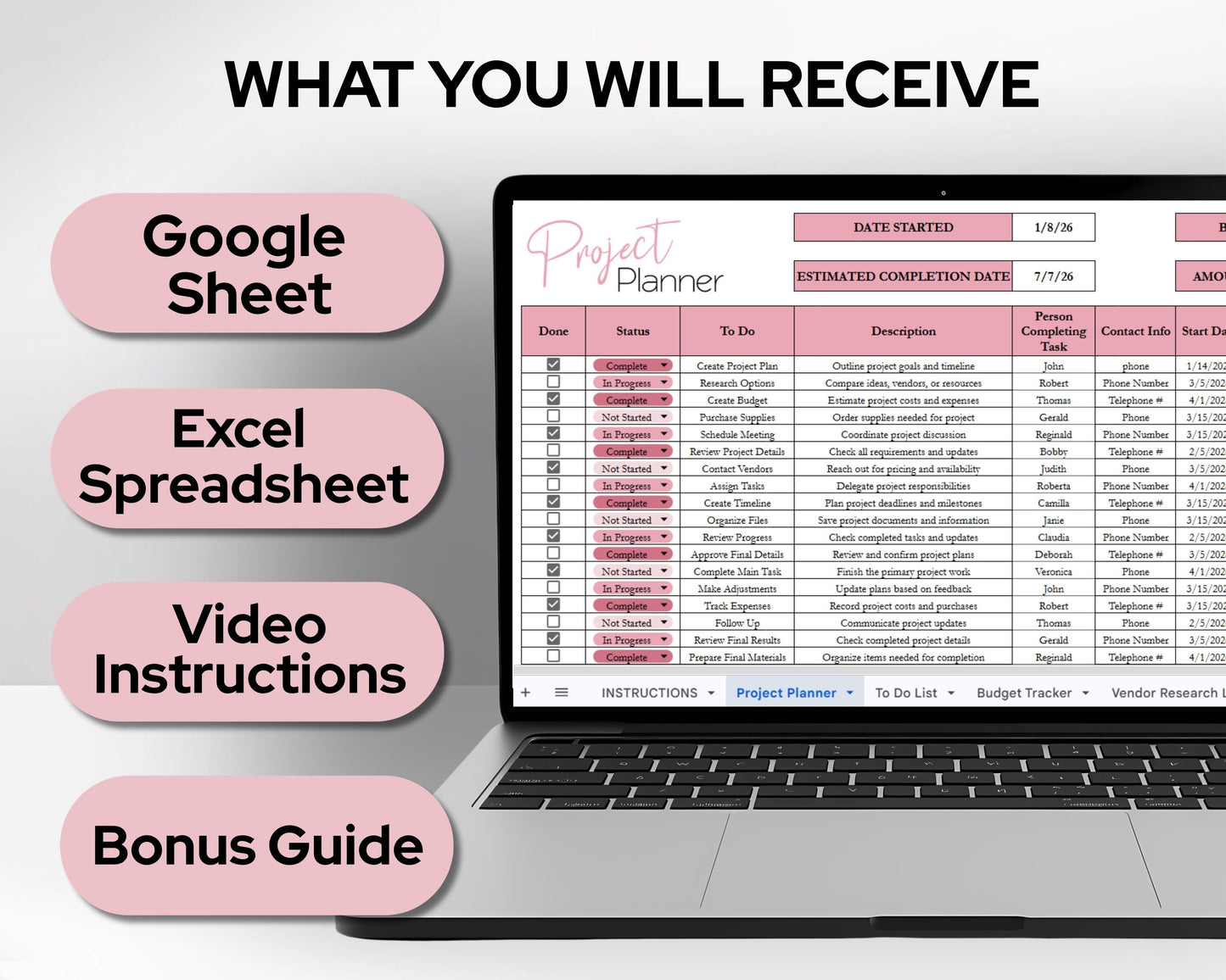Project Tracker Template Spreadsheet | Project Management Planner for Tasks, Budget, Timeline & Vendor Tracking