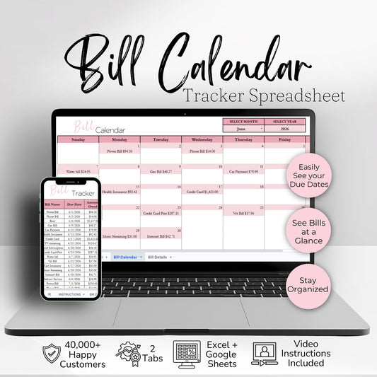 Monthly Bill Calendar Spreadsheet | Google Sheets & Excel Bill Tracker Template with Dynamic Calendar