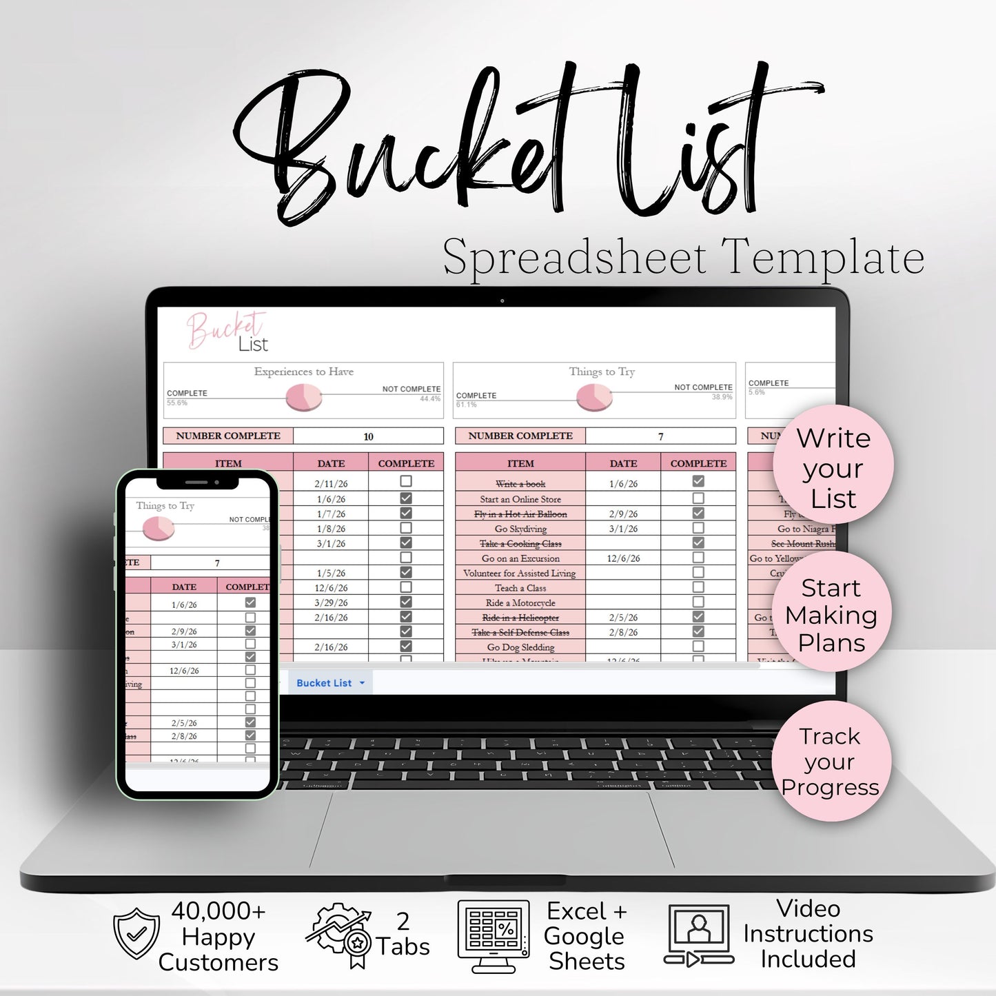 Bucket List Planner Spreadsheet Template for Google Sheets & Excel | Travel & Life Goals