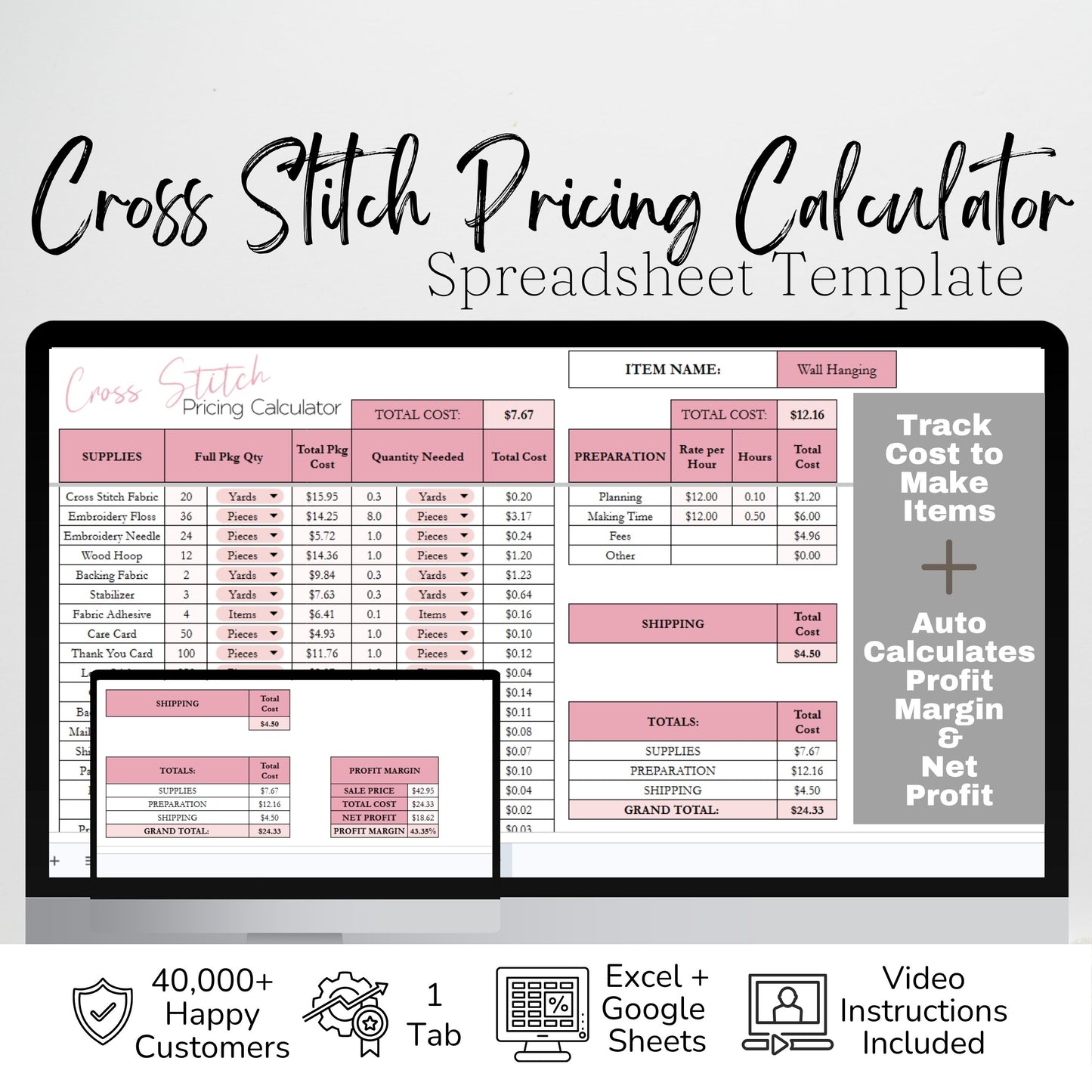 Cross Stitch Pricing Calculator Google Sheets and Excel | Handmade Cost Spreadsheet & Profit Margin Template