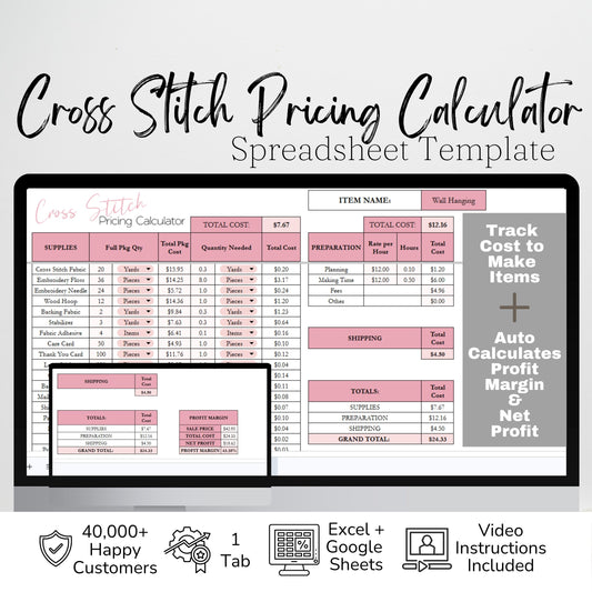 Cross Stitch Pricing Calculator Google Sheets and Excel | Handmade Cost Spreadsheet & Profit Margin Template