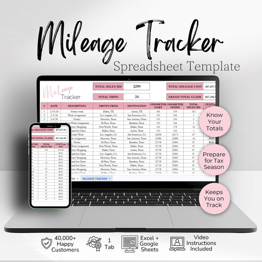Mileage Tracker Spreadsheet for Google Sheets & Excel | Business Mileage Log & Mileage Calculator | Trip & Reimbursement Tracker