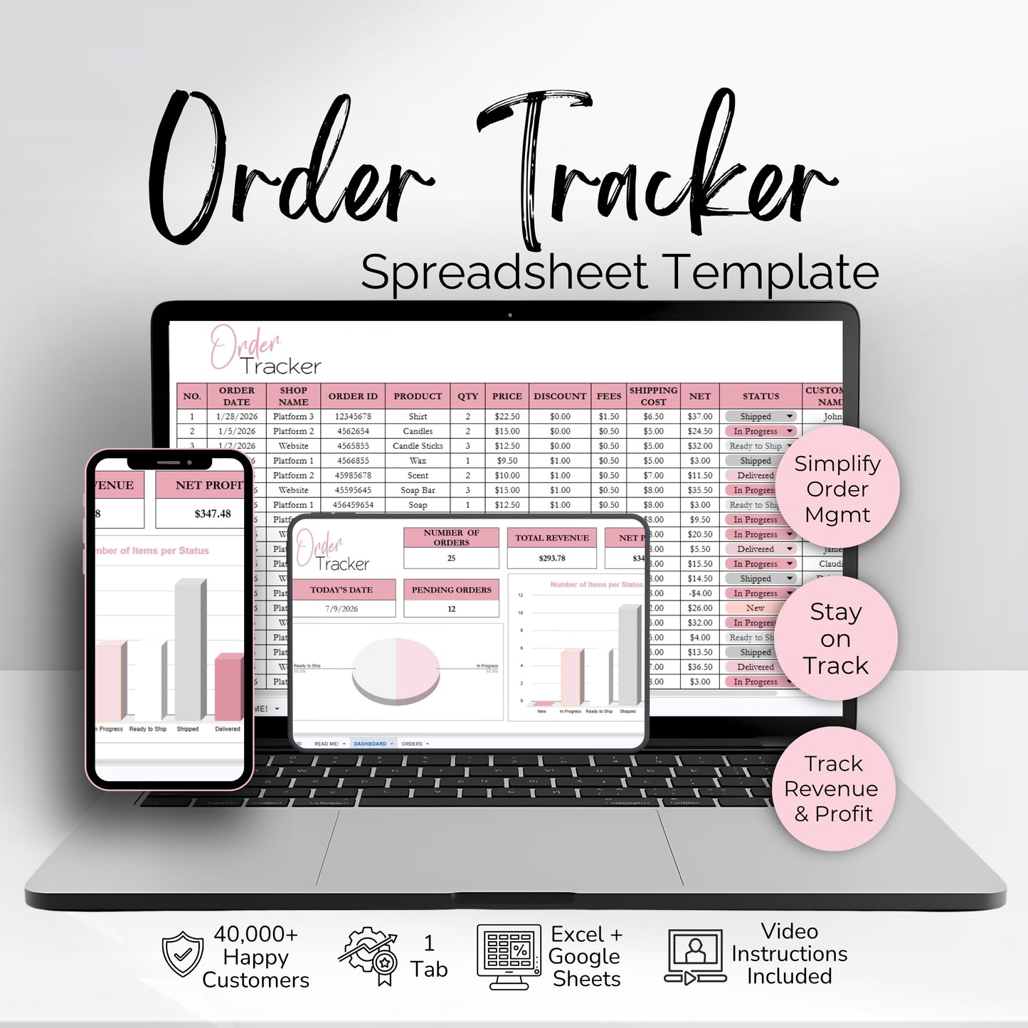 Order Tracker Spreadsheet Template | Track Sales, Customers, Shipping & Profit |  Google Sheets & Excel