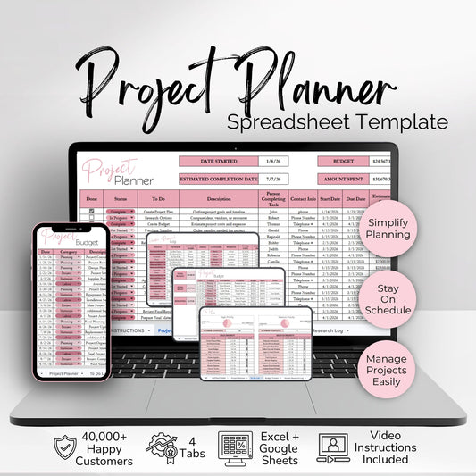 Project Tracker Template Spreadsheet | Project Management Planner for Tasks, Budget, Timeline & Vendor Tracking