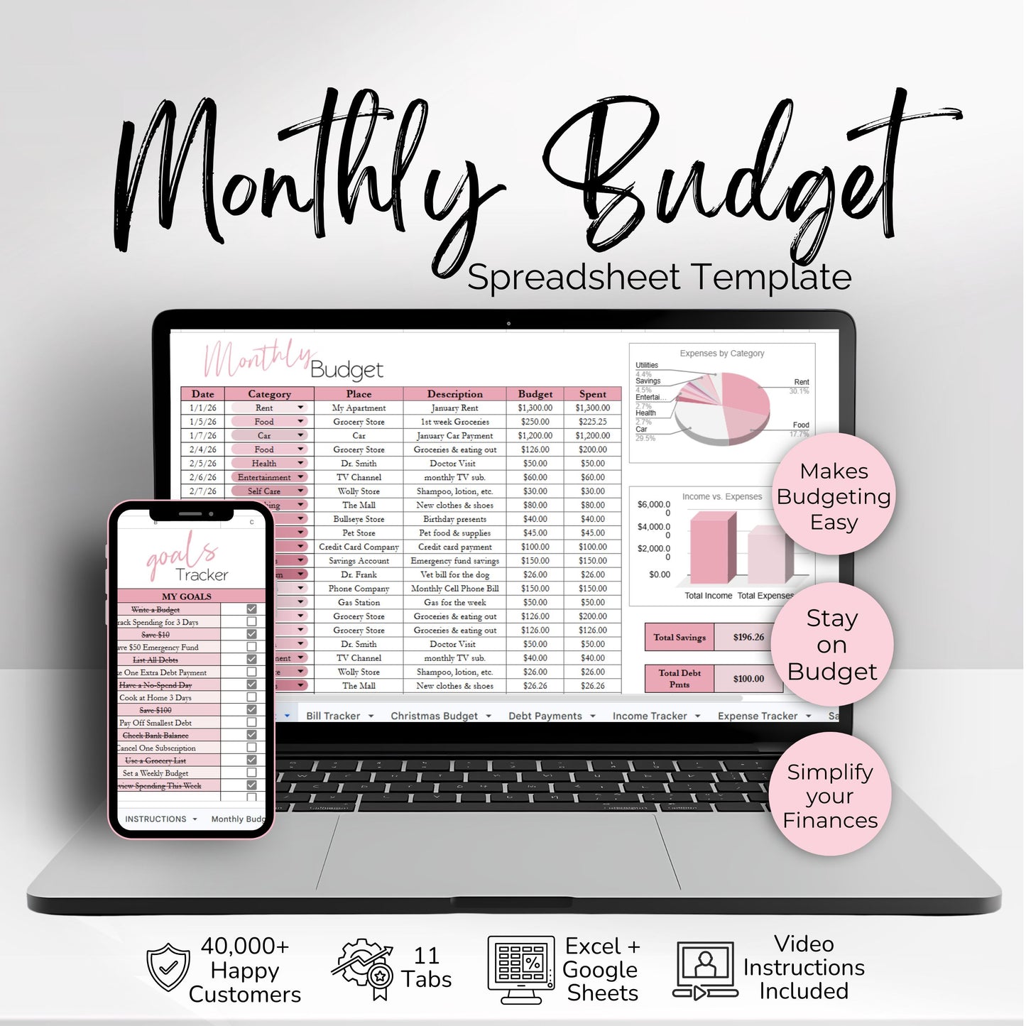 Simple Monthly Budget Template | Google Sheets & Excel Template - Premium Version