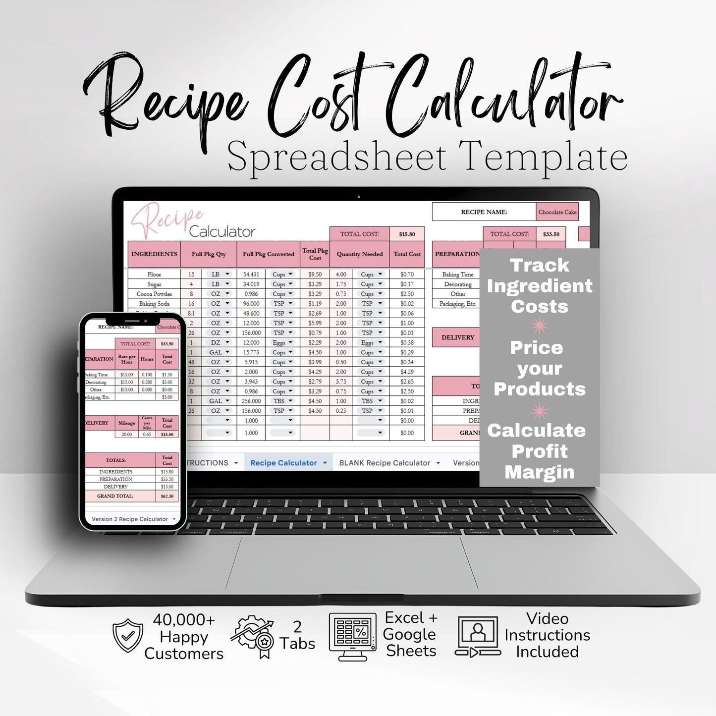 Recipe Cost Calculator Spreadsheet | Product Pricing & Profit Margin Template for Home Bakery Businesses | Google Sheets & Excel Spreadsheet Template