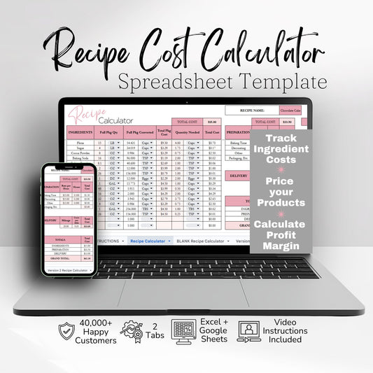 Recipe Cost Calculator Spreadsheet | Product Pricing & Profit Margin Template for Home Bakery Businesses | Google Sheets & Excel Spreadsheet Template