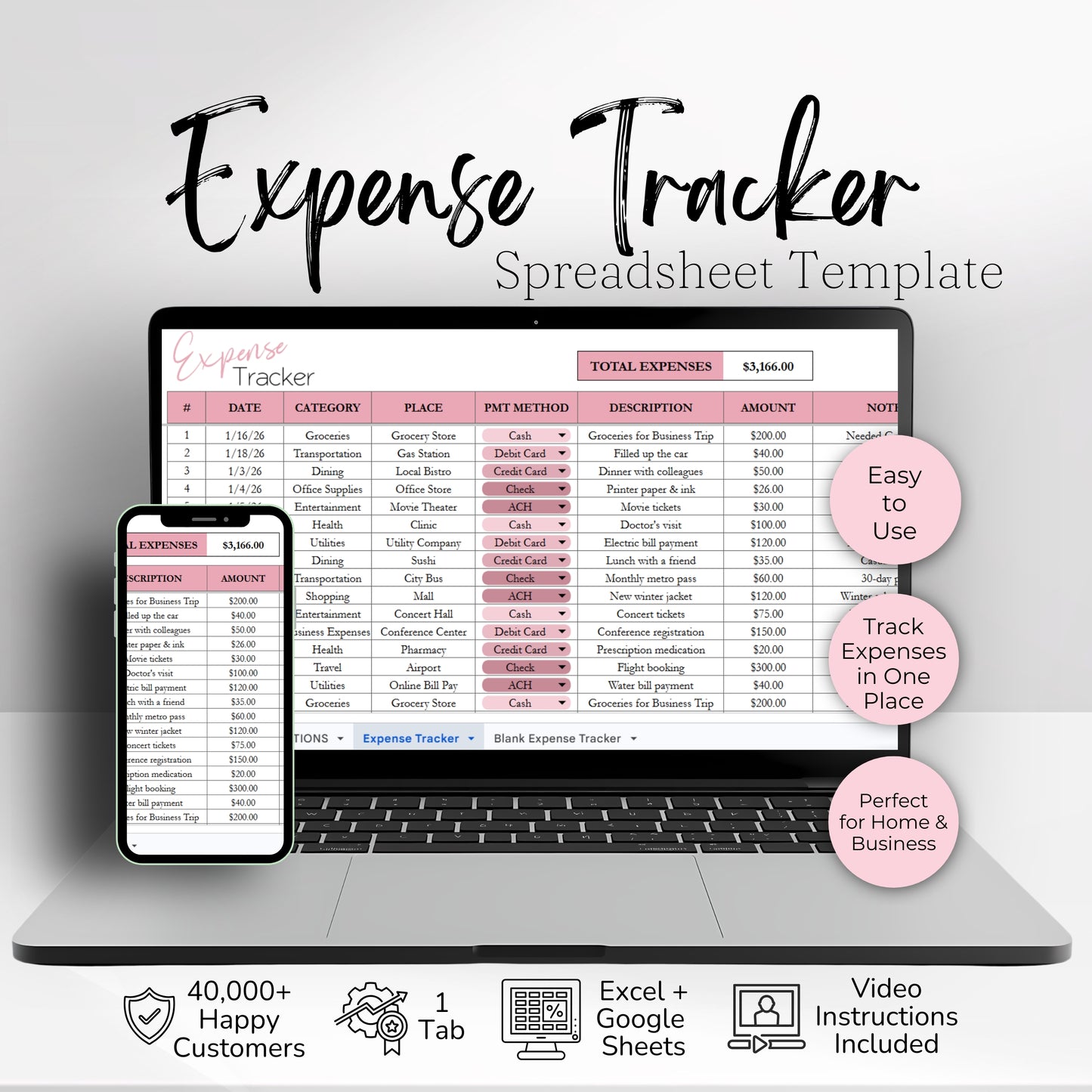 Expense Tracker Template Google Sheets and Excel Spreadsheet | Expenses Tracking for Small Business & Home Budget