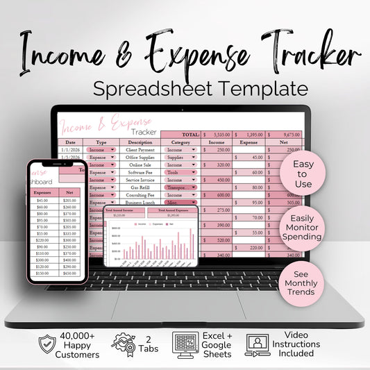 Income & Expense Tracker Spreadsheet Template - Google Sheets and Excel Bookkeeping Template | Monthly & Annual Financial Dashboard