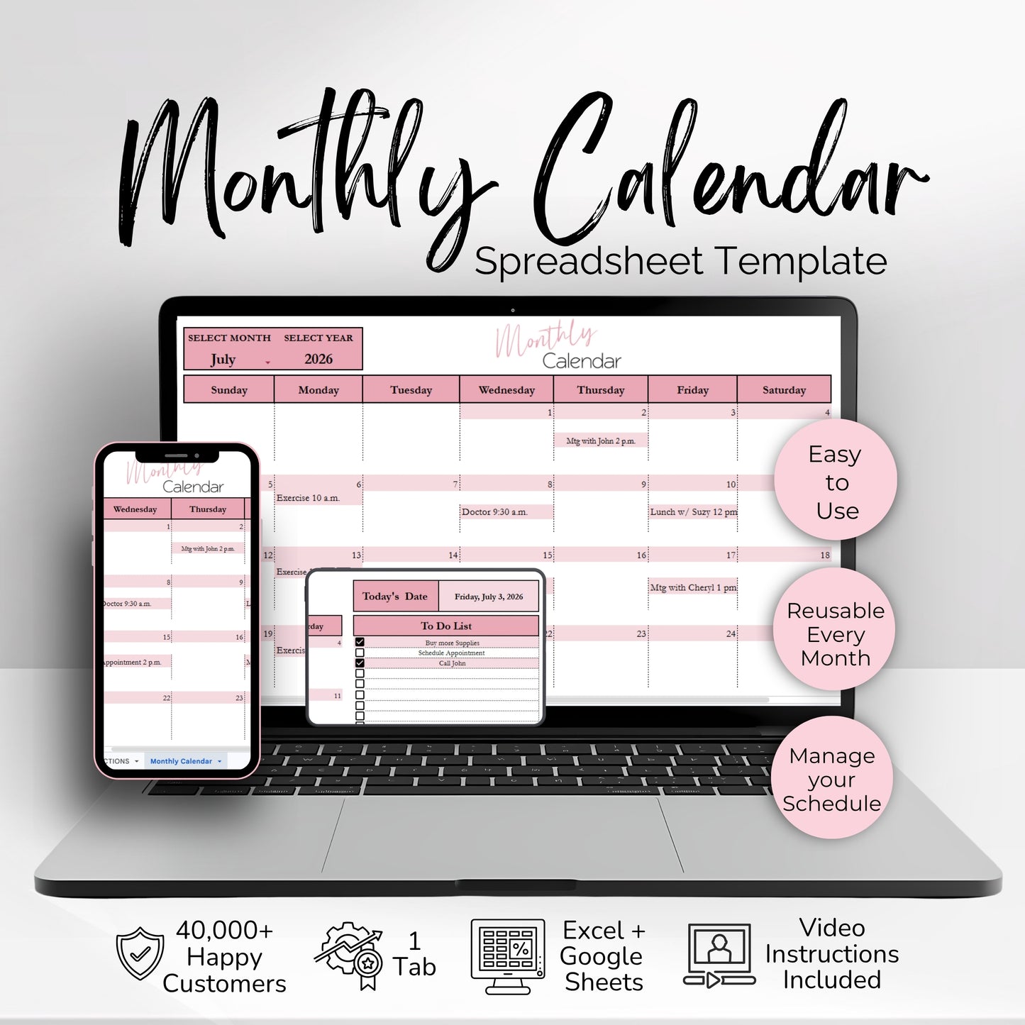Google Sheets Monthly Calendar | Digital Planner Template with Recurring Weekly Schedule - Google Sheet and Excel Spreadsheet Template