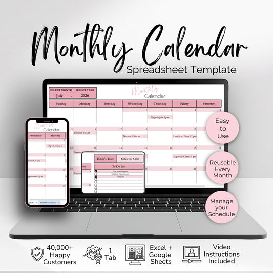Google Sheets Monthly Calendar | Digital Planner Template with Recurring Weekly Schedule - Google Sheet and Excel Spreadsheet Template