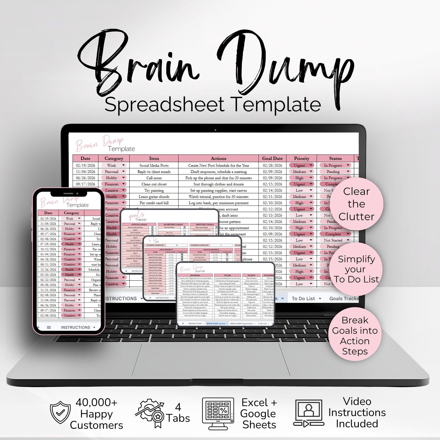 Brain Dump Planner Spreadsheet | Productivity Organizer, Task Tracker & Goal Planning Template