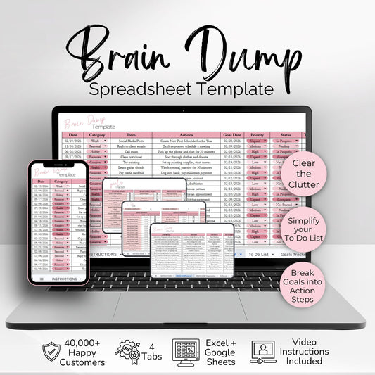 Brain Dump Planner Spreadsheet | Productivity Organizer, Task Tracker & Goal Planning Template