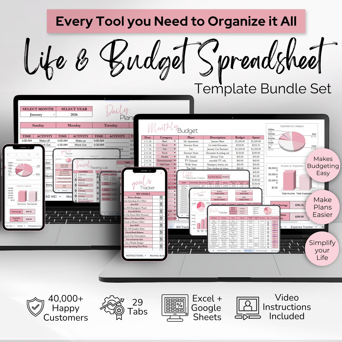Life Planner and Budget Spreadsheet Ultimate Bundle - Excel and Google Sheets Budgeting Template, Daily Planner & Finance Tracker