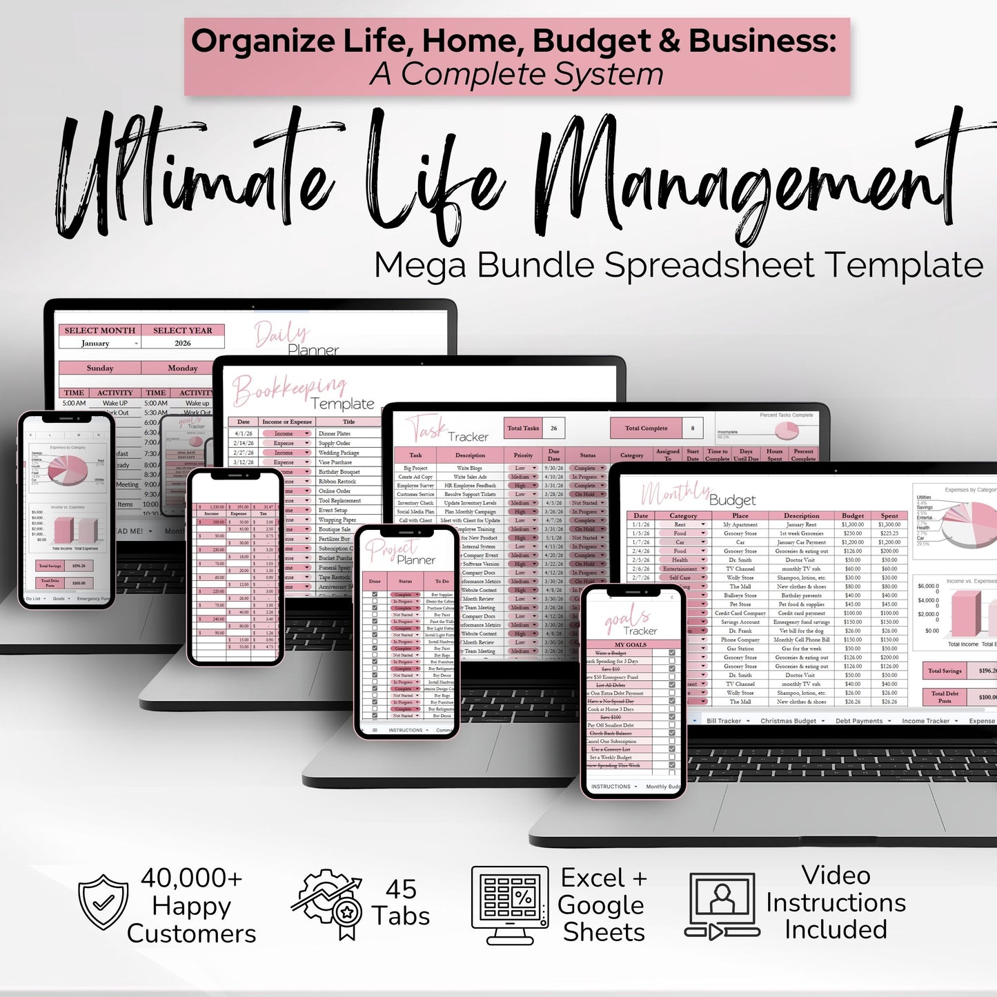 The Ultimate Life Management System: Budget, Home, Life and Business Mega Bundle - Google Sheets and Excel Spreadsheet Template