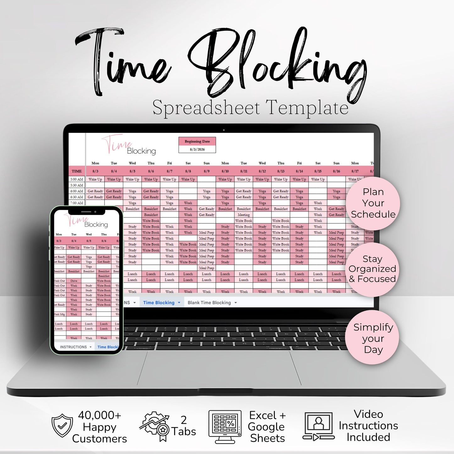 Time Blocking Spreadsheet Template | Google Sheets & Excel Daily Schedule Planner for Time Management