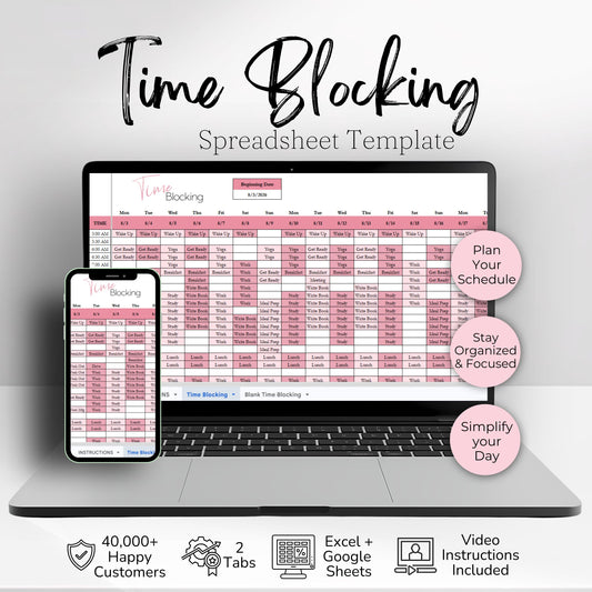 Time Blocking Spreadsheet Template | Google Sheets & Excel Daily Schedule Planner for Time Management