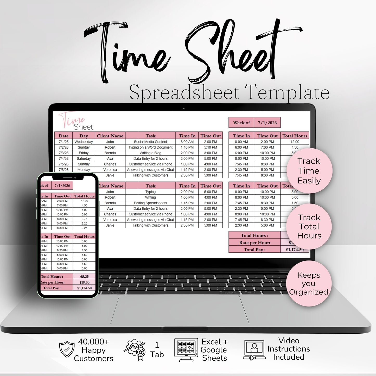 Timesheet Calculator Spreadsheet Template Google Sheets and Excel | Employee Hours Tracker | Pay Calculator