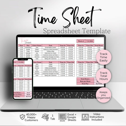 Timesheet Calculator Spreadsheet Template Google Sheets and Excel | Employee Hours Tracker | Pay Calculator