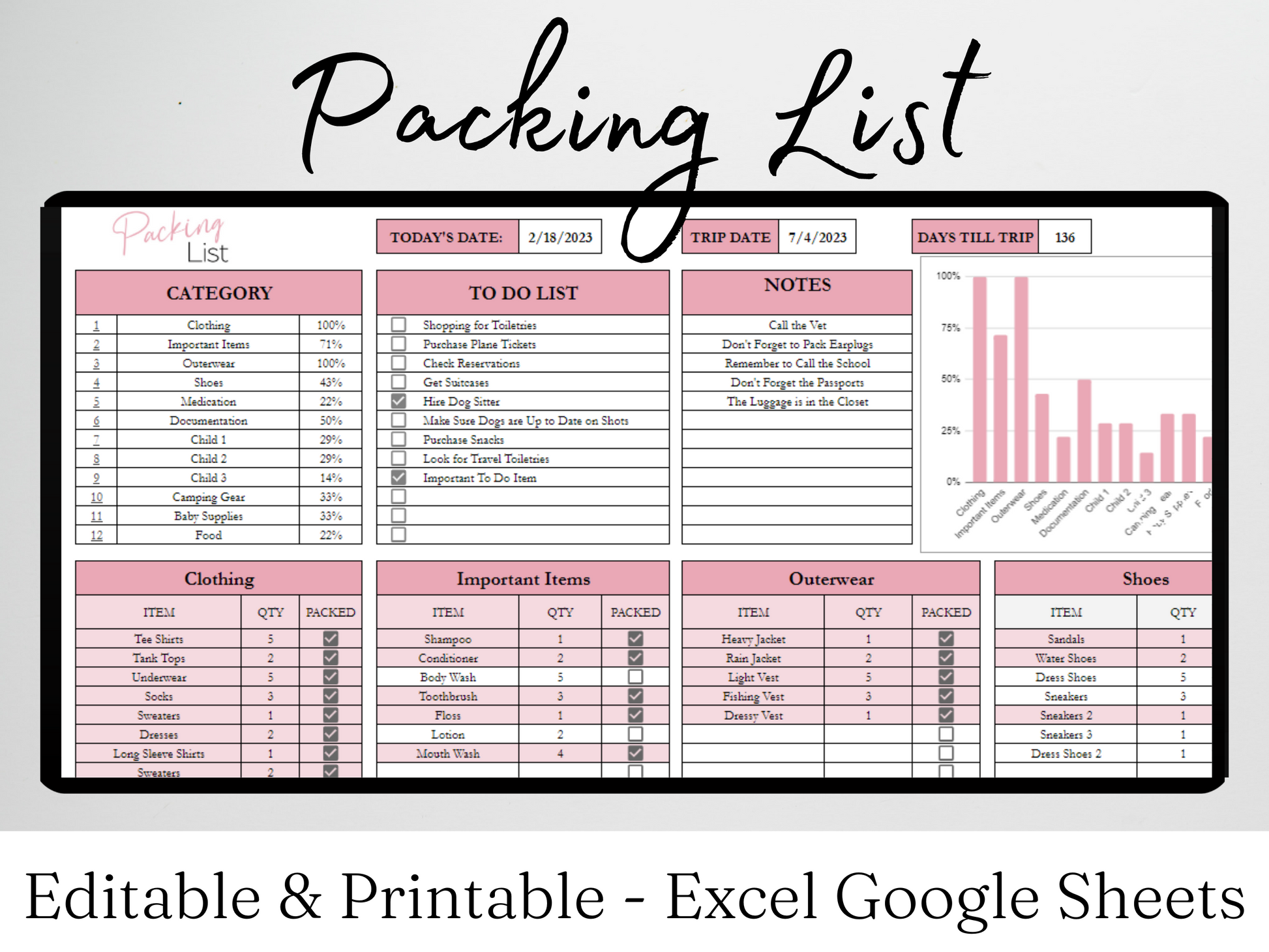 Travel Packing Checklist Free Google Sheets & Excel Template 