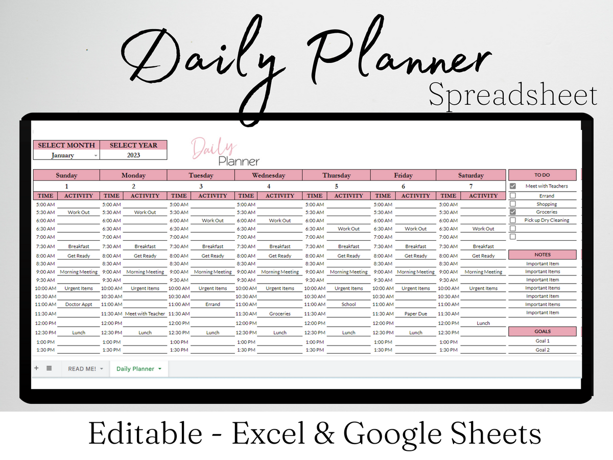 Daily Planner Template Google Sheets Excel Spreadsheet – Savvy and Thriving